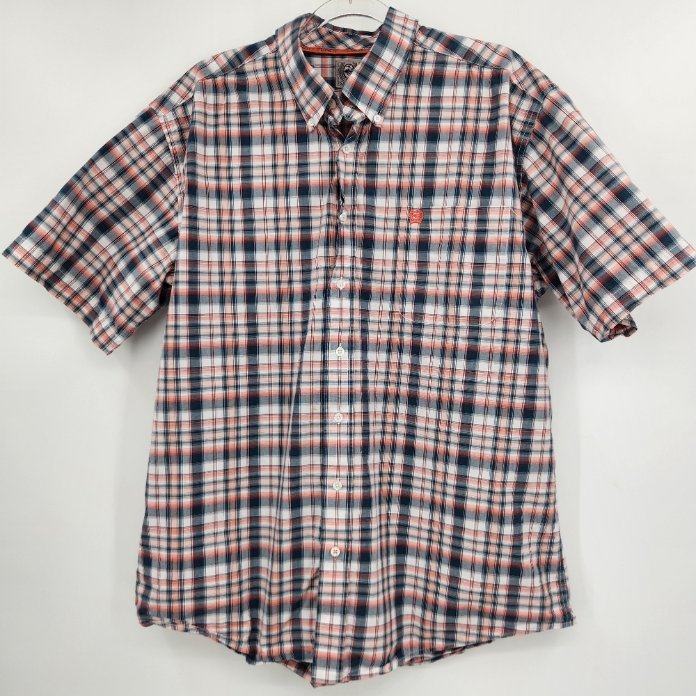 Cinch Short Sleeve Button Front Shirt Mens Size Large Teal Coral Plaid